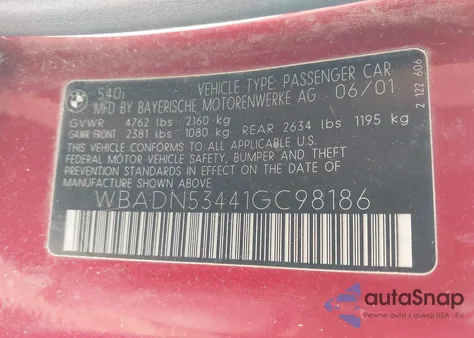 2001 BMW 540I из США, поврежденный, VIN WBADN53441GC98186